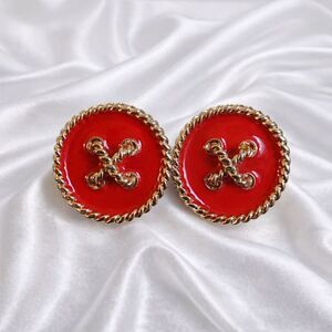 Vintage Red Enamel Gold Tone Metal Button Rope Clip-On Fashion Earrings Retro